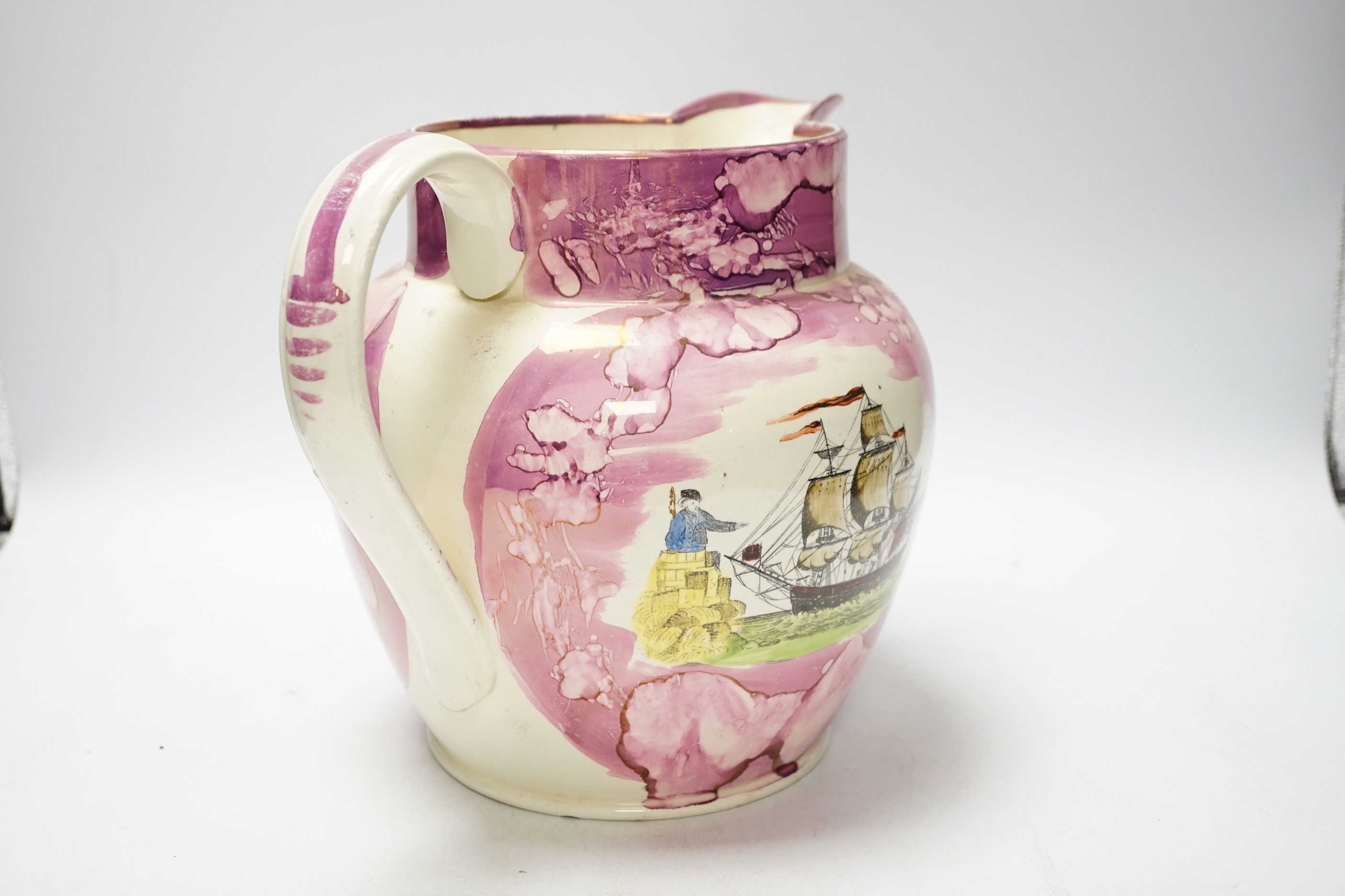 A William IV Sunderland pink lustre jug, with a printed view of the Iron Bridge, Sunderland and an inscription - ‘’Thomas Fala & Marie Le Patourel…Saint Sampson De la Marrette, Guernsey Mai 10, 1836’’, (restored), 23cm